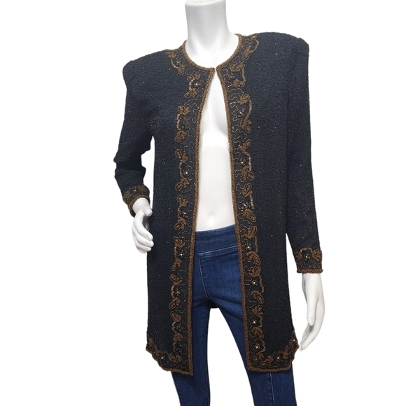 Scala Jackets & Blazers - Vintage Scala Black Silk Beaded Long Evening Jacket Size M